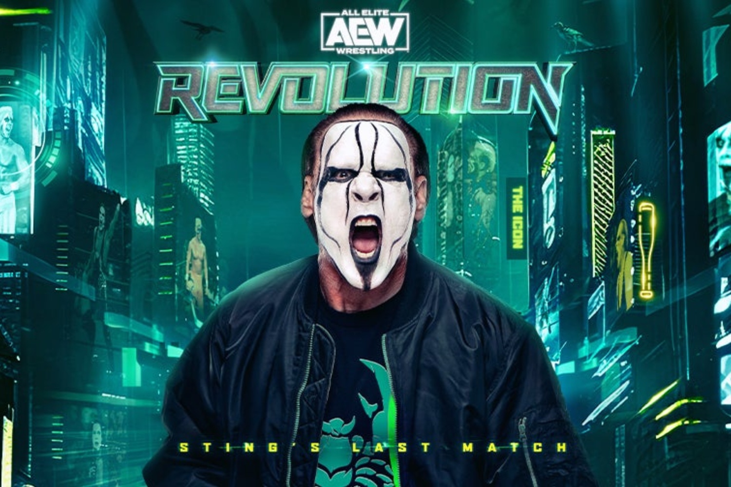 Sting screams with his mouth open on the poster for AEW Revolution.