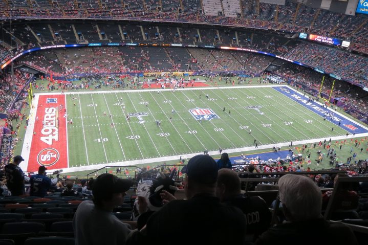 Aerial view of the field and crowd at Super Bowl XLVII.
