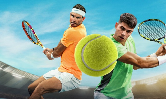 Rafael Nadal and Carlos Alcaraz set up for a tennis shot in the Netflix Slam.