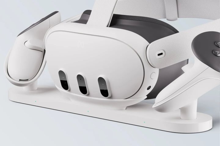 The Quest 3 and Touch Plus controllers appear in Meta's charging dock accessory.