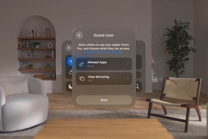 صفحه نمایش هدست اپل ویژن پرو که فرآیند راه اندازی کاربر مهمان را نشان می دهد.