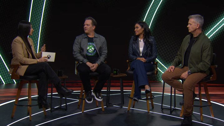 Tina Ami, Phil Spencer, Sarah Bond, and Matt Booty during Updates on the Xbox Business | Official Xbox Podcast