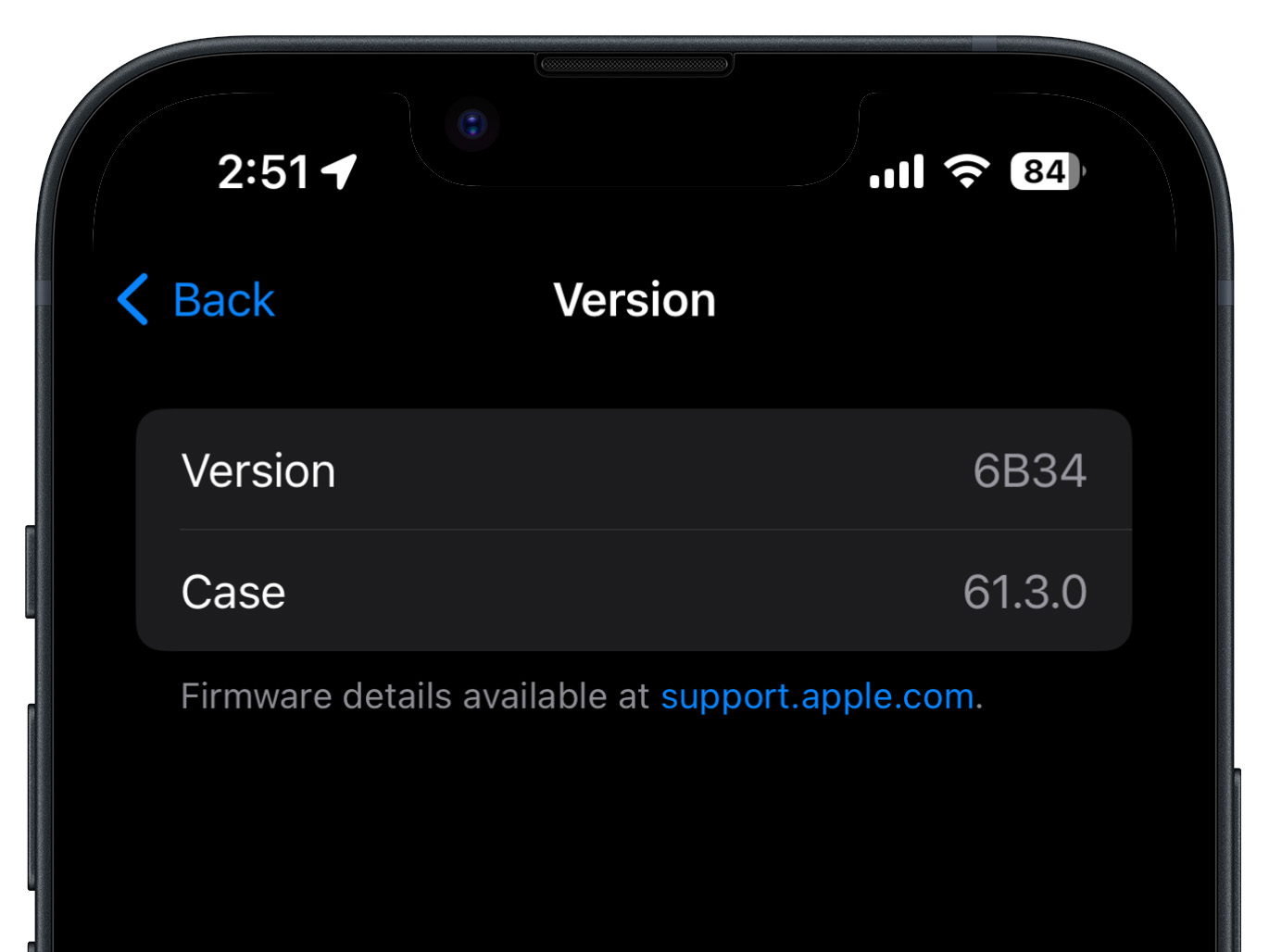 AirPods Pro firmware information on an iPhone.