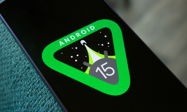 The Android 15 logo on a smartphone.