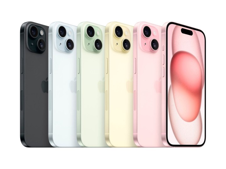 Toda la gama de colores del Apple iPhone 15 sobre un fondo blanco.