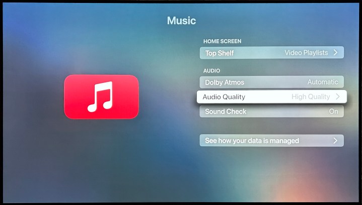 Apple TV 4K: Apple Music settings.