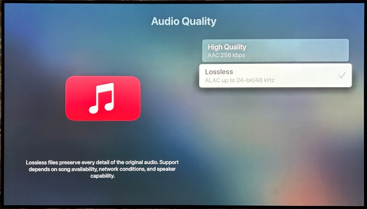 Apple TV 4K: Apple Music audio quality settings.