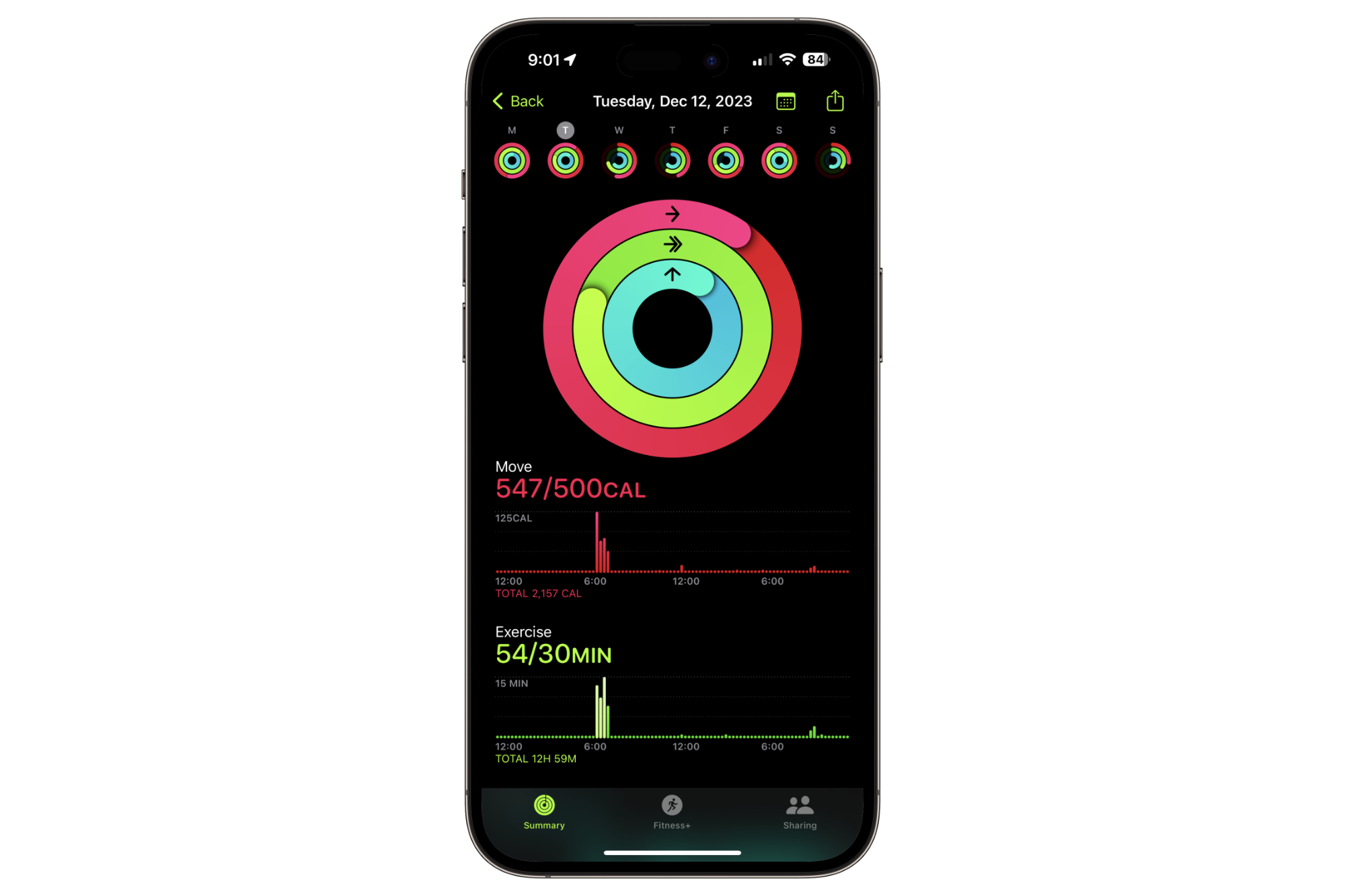 A screenshot of the three rings in the Apple Fitness app.
