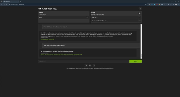 Chat with RTX answering a question about latency.
