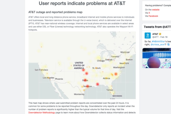 Sitio web de Down Detector que muestra un mapa de interrupciones de AT&T el 22 de febrero de 2024.