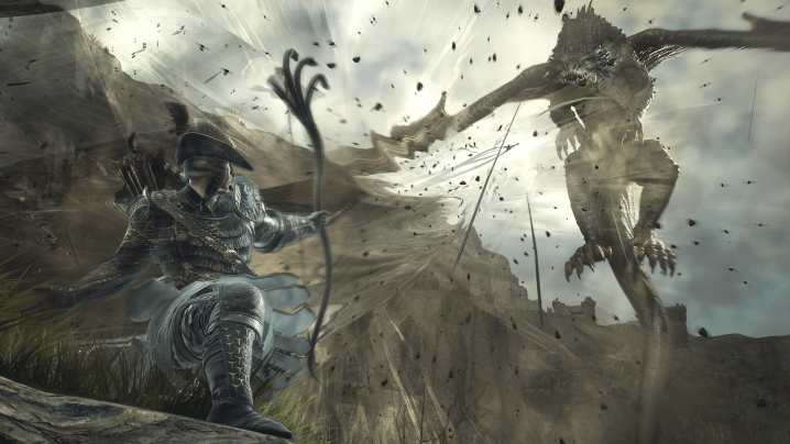 An archer fires a shot at a dragon in Dragon's Dogma 2.