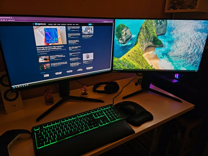 Two LG UltraGear monitors sit on a desk.