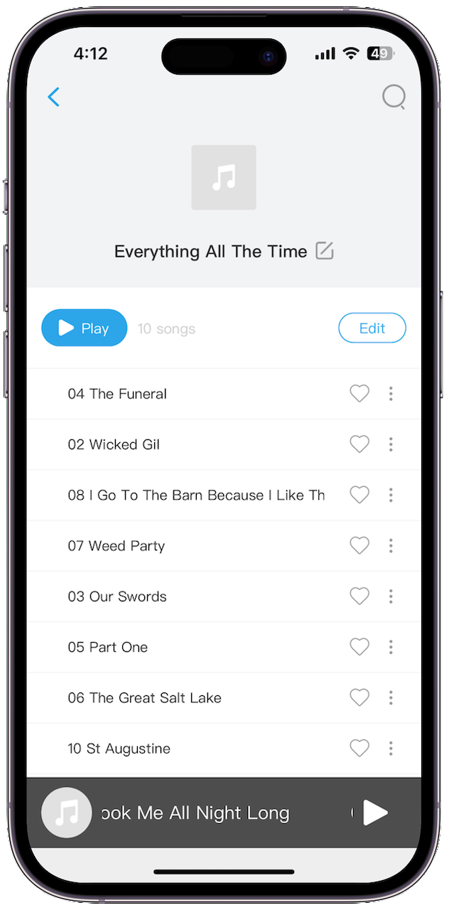 The H2O Audio Playlist+ app showing an album track listing.