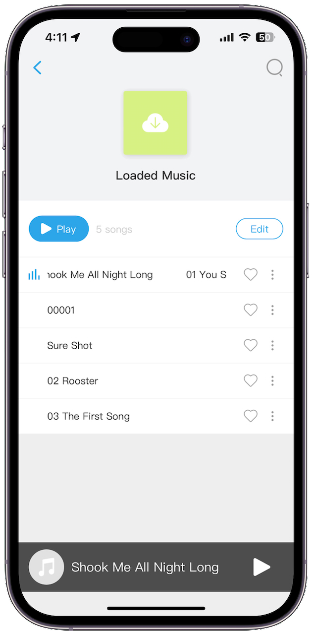 The H2O Audio Playlist+ app showing single tracks in the Load folder.