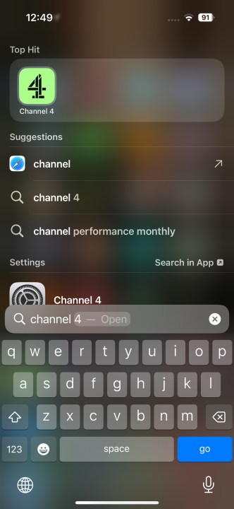 Searching for Channel 4 in Spotlight Search.