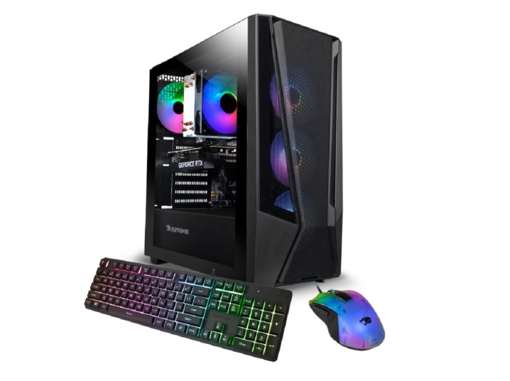 The iBuyPower TMA7N4601 gaming desktop with a keyboard and mouse.