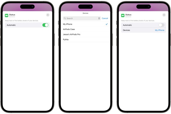 Three iPhones showing steps to edit lock screen Batteries widget settings in iOS 17.