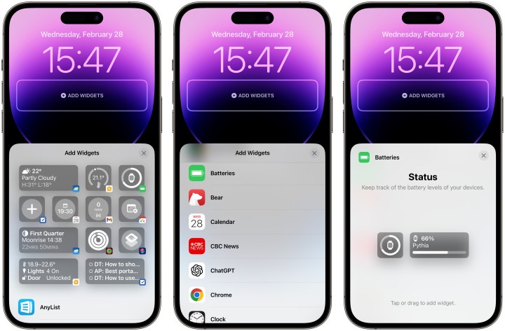 Three iPhones showing steps to add a new widget to the lock screen in iOS 17.