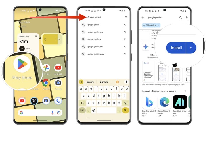 Pasos que muestran cómo instalar la aplicación Google Gemini en un teléfono Android.