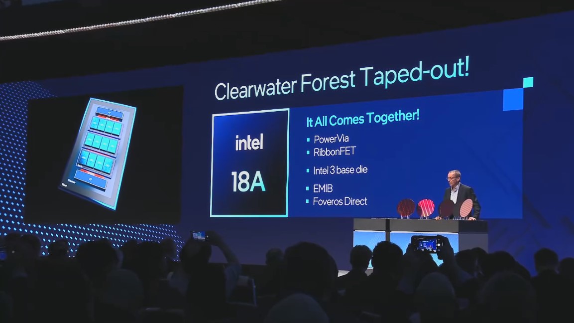 Intel's CEO Pat Gelsinger announcing that Clearwater Forest CPUs have taped out.