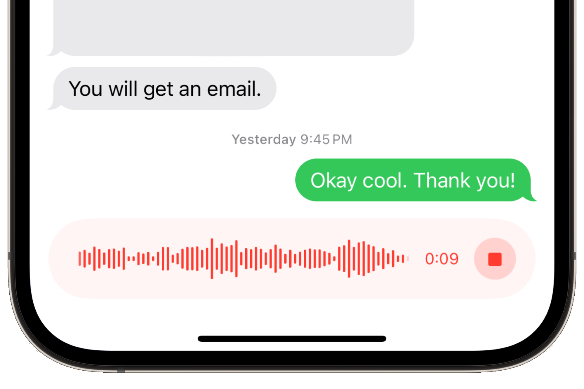 A screenshot of a voice message being recorded on an iPhone.