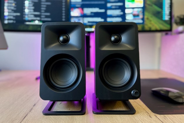 The Kanto Ora Reference Desktop Speakers on a desk.