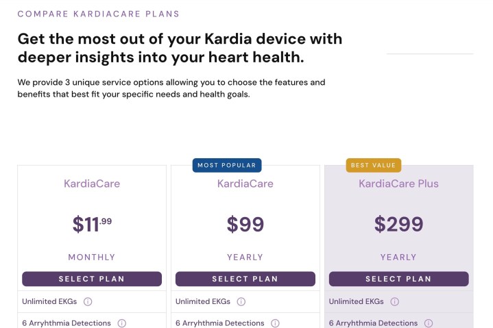 Screenshot showing the different KardiaCare packages and their costs.