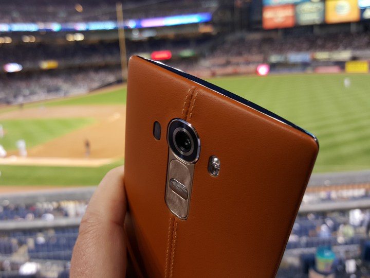 The LG G4 with a leather back, in Yankee Stadium, in 2015.