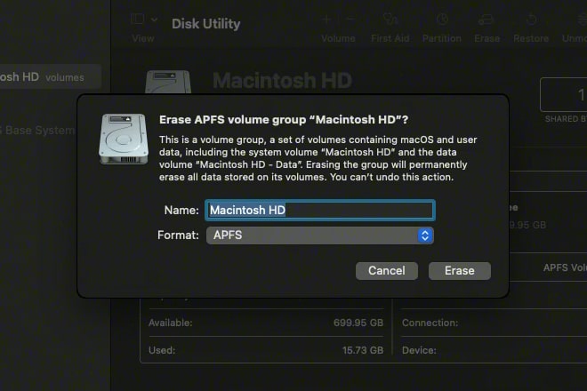 Apple's Disk Utility app showing an option to erase the Macintosh HD drive.