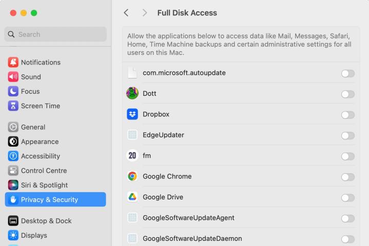 The Full Disk Access menu in macOS Sonoma's System Settings app.