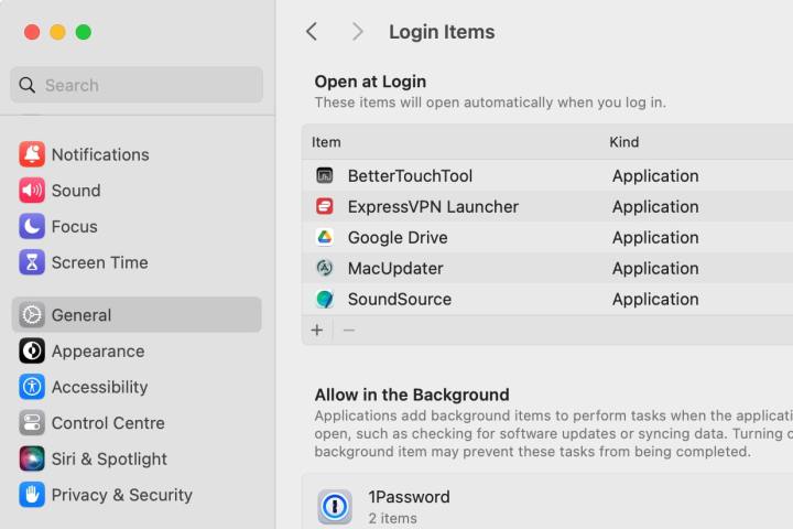 The Login Items menu in macOS Sonoma's System Settings app.