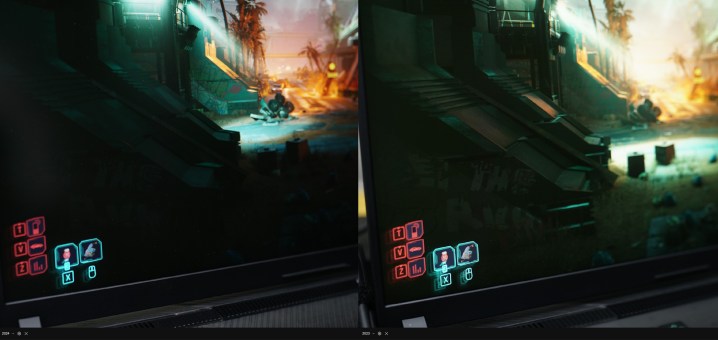 صحنه ای از Cyberpunk 2077 که در دو لپ تاپ مختلف مینی ال ای دی مقایسه شده است.