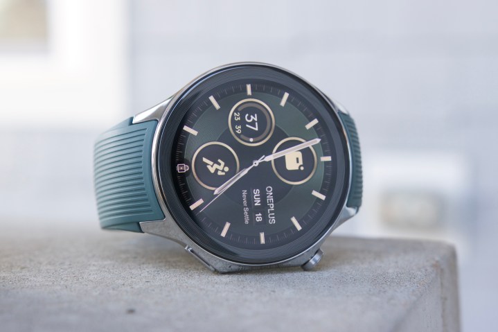 The OnePlus Watch 2 resting on its side.