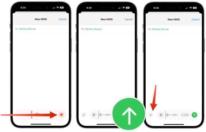 Screenshot showing how to record and send an audio message in the Messages app on iPhone.