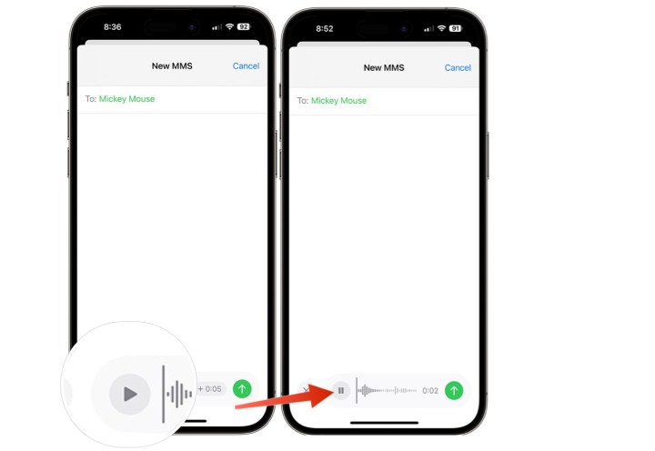 Screenshot showing how to listen to an audio file through the Messages app on iPhone.