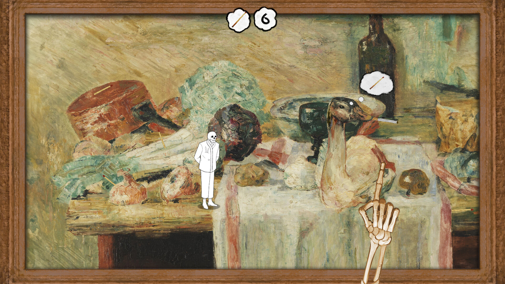 A skeleton touches a still life in Please, Touch the Artwork 2.