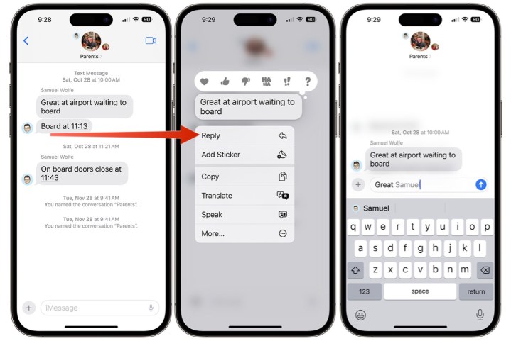 Screenshot showing how to reply to a thread on iPhone.