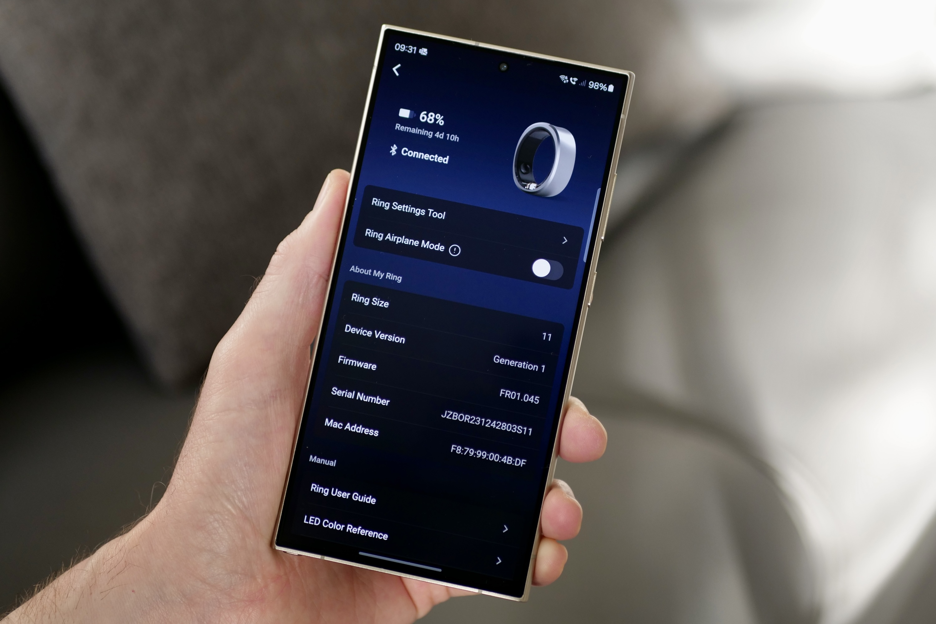 The RingConn Smart Ring's app shown on a phone screen.