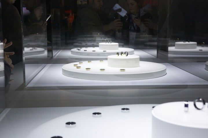 Multiple display cases of the Samsung Galaxy Ring at MWC 2024.