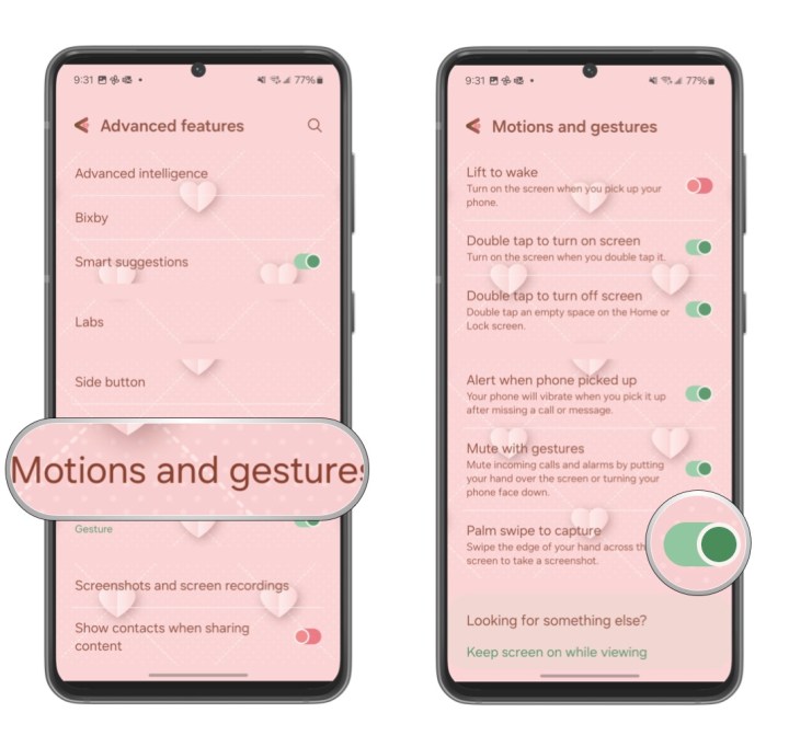Select Motions and Gestures, select toggle for Palm Swipe to Capture to On.
