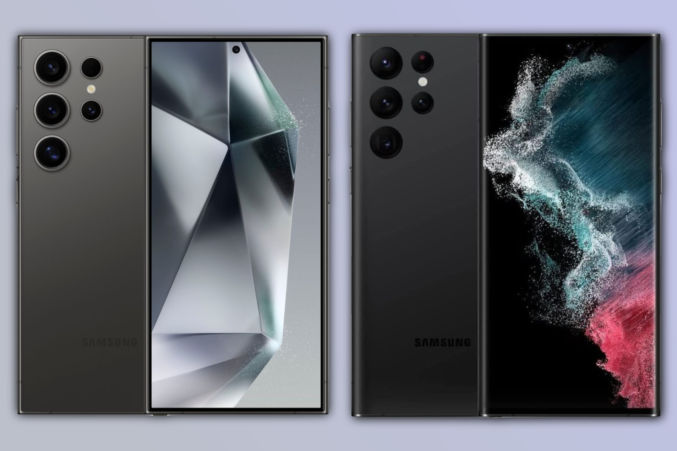 Representaciones del Samsung Galaxy S24 Ultra y Galaxy S22 Ultra uno al lado del otro.