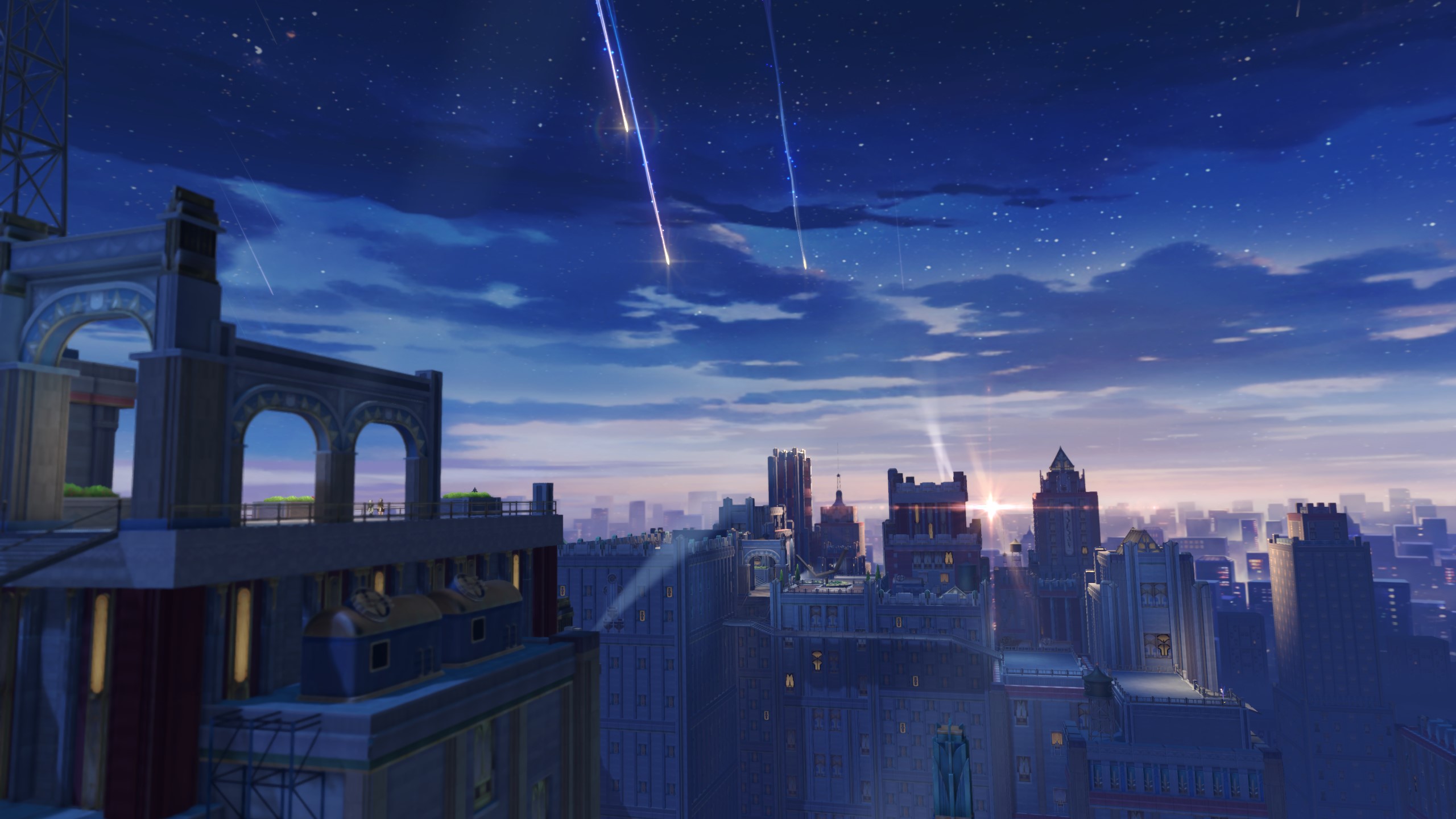 Penacony view on top of building with shooting stars against sunset sky