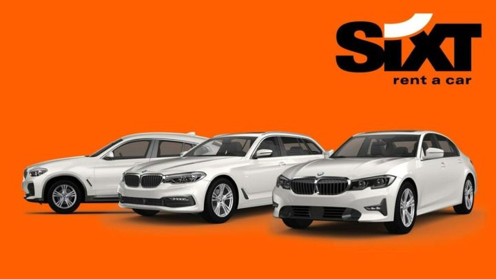 Three cars with the Sixt logo on an orange background.