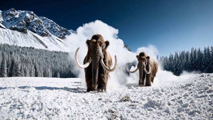 An AI image portraying two mammoths that walk through snow, with mountains and a forest in the background.