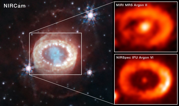 El telescopio espacial James Webb ha observado la mejor evidencia hasta ahora de la emisión de una estrella de neutrones en el sitio de una supernova conocida y recientemente observada conocida como SN 1987A. A la izquierda hay una imagen de NIRCam (cámara de infrarrojo cercano) publicada en 2023. La imagen de la parte superior derecha muestra la luz del argón ionizado individualmente (Argón II) capturada por el modo Espectrógrafo de Resolución Media (MRS) de MIRI (Instrumento de Infrarrojo Medio). La imagen en la parte inferior derecha muestra la luz del argón ionizado multiplicado capturado por el NIRSpec (Espectrógrafo de Infrarrojo Cercano). Ambos instrumentos muestran una fuerte señal desde el centro del remanente de supernova. Esto indicó al equipo científico que hay una fuente de radiación de alta energía allí, muy probablemente una estrella de neutrones.