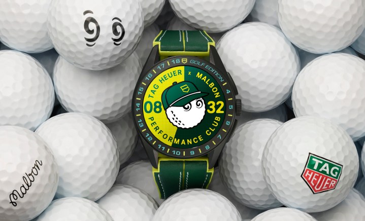 The Tag Heuer Connected Calibre E4 x Malbon Golf watch surrounded by golf balls.