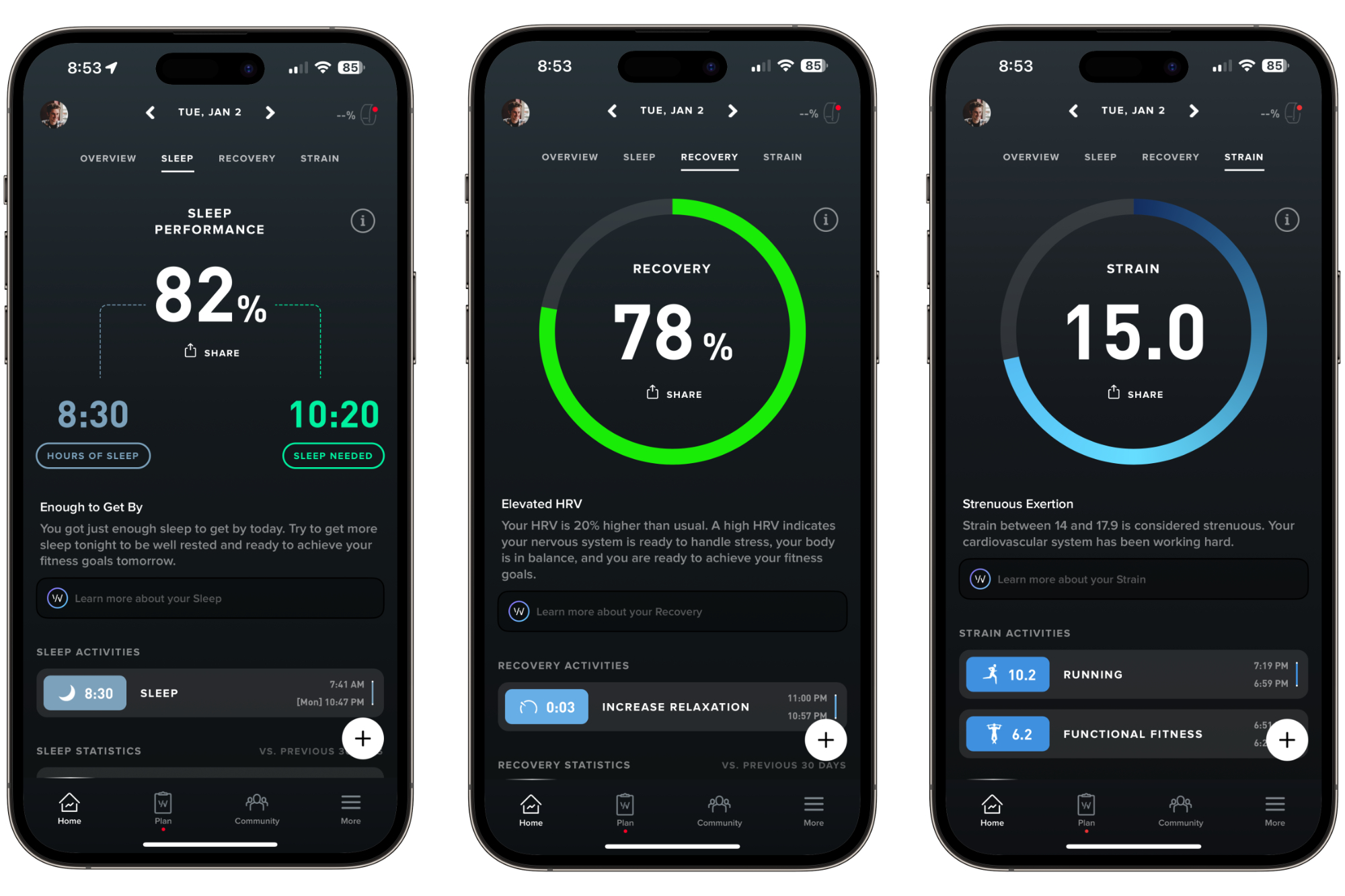 Screenshots of Sleep, Recovery, and Strain pages from the Whoop app.