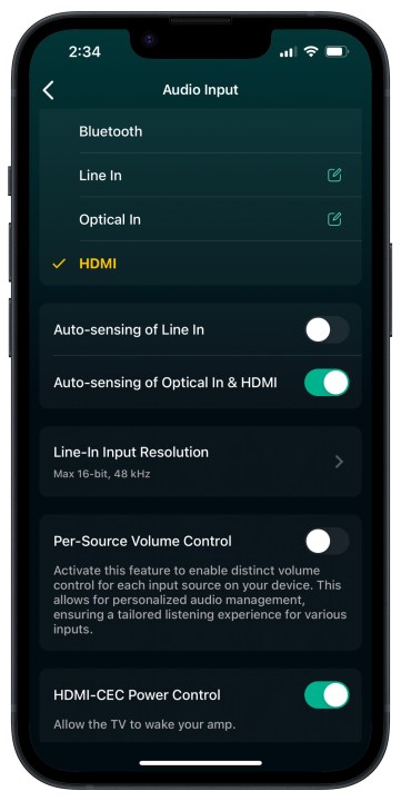 Wiim app for iOS: settings and inputs.