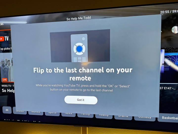 The previous channel feature on YouTube TV on a TV.