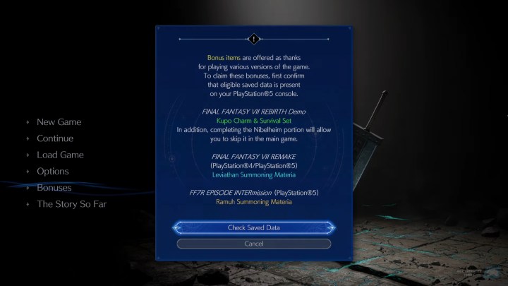 The main bonus menu of Final Fantasy 7 Rebirth.